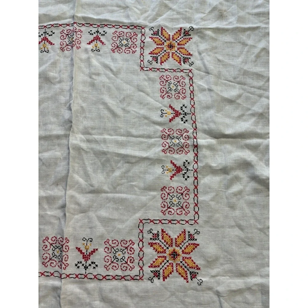 Vintage Floral Cross Stitch Tablecloth Red Black Yellow Tulip 47 x 47 MCM READ